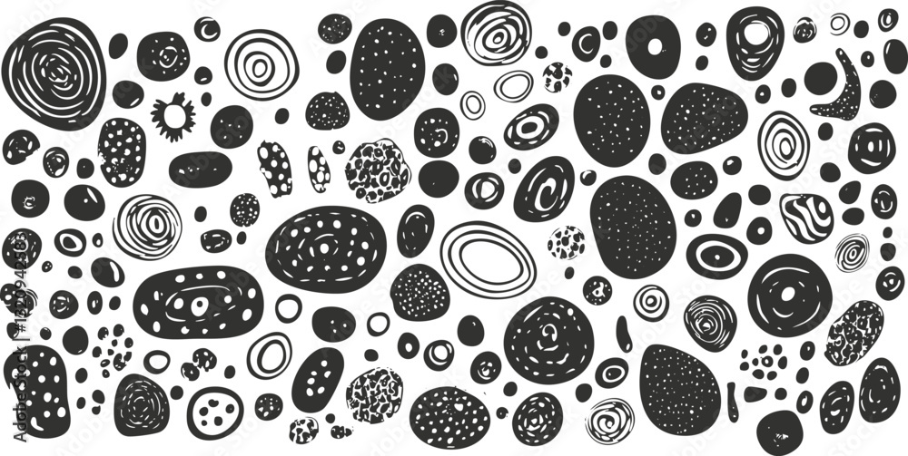 Fototapeta premium Abstract black and white circular patterns with various geometric shapes.