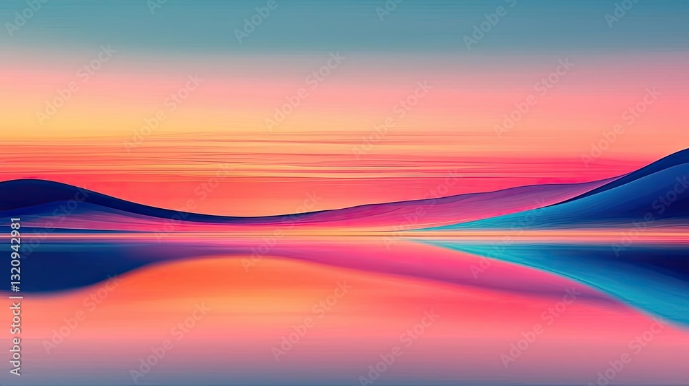 Fototapeta premium Pastel color illustration abstract background idea. A vibrant landscape featuring colorful hills and a serene water reflection at sunset.