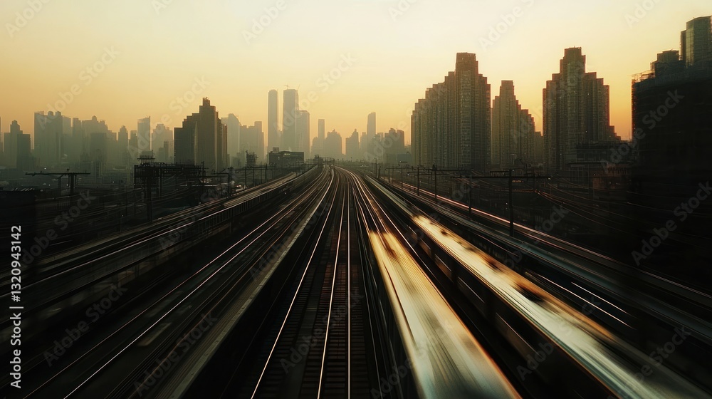 Fototapeta premium Urban Sunset Railway: A City's Golden Hour Commute