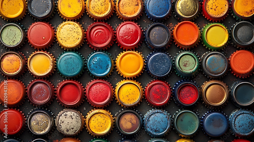 Creative pattern of beer bottle caps forming a mosaic of vivid tones Creative pattern of beer bottle caps forming a mosaic of vivid tones