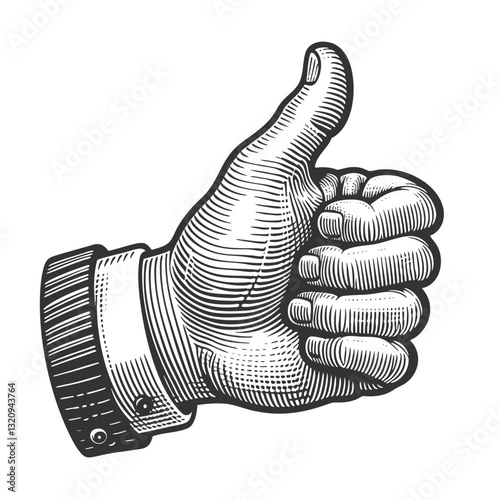 hand making a thumbs up gesture, symbolizing approval, success, and positivity sketch engraving generative ai vector illustration. Scratch board imitation. Black and white image.