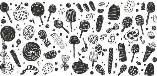 Illustration of various candies and sweets in a playful pattern.