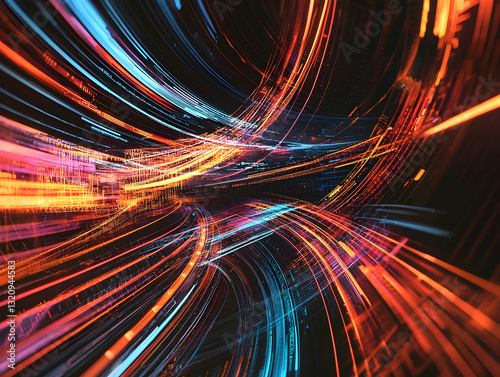 Fototapeta Naklejka Na Ścianę i Meble -  Vibrant tech backdrop with glowing lines, creating a dynamic and futuristic display, signifying technological innovation.