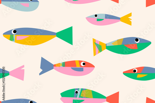 Seamless fish pattern in suprematism style. Vector abstract background for fabric, wrapping, print and cover