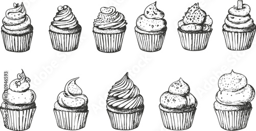 Hand-drawn cupcakes illustration in black and white sketch style.