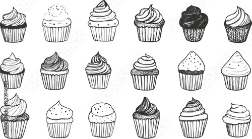 Hand-drawn cupcake illustrations in black and white, showcasing various designs.