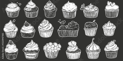 Chalkboard illustration of various artistic cupcakes in a decorative pattern.