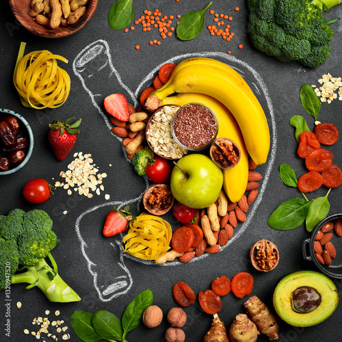 The best foods for healthy stomach and digestion. Assortment of natural products to boost stomach health and digestion drawing. on a gray textured background. Healthy diet for stomach.