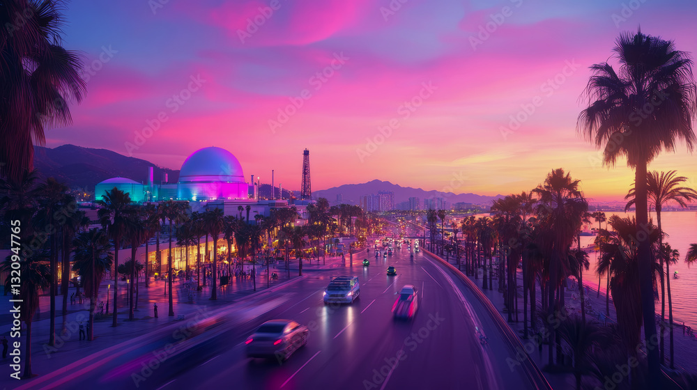 Fototapeta premium Cityscape at sunset with road and palm trees, vibrant color palette in pink, violet and yellow.
