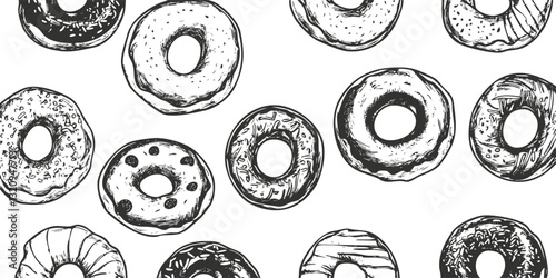 Black and white sketch pattern of various donuts in a seamless design.