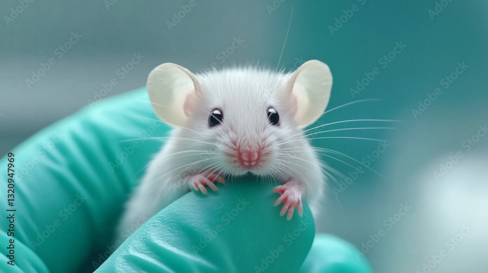 Ratón blanco de laboratorio sobre una mano con guantes Ratón blanco de laboratorio sobre una mano con guantes