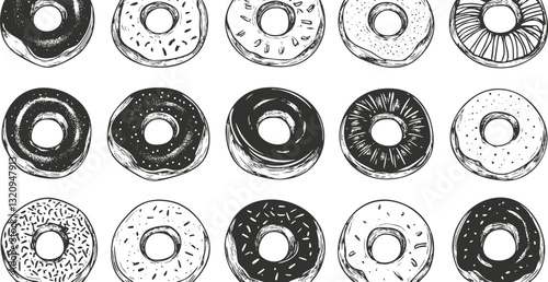 Monochrome sketch of various donuts in a seamless pattern.