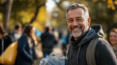 A middle-aged man enthusiastically guides a group of dedicated volunteers in a park clean-up activity. He holds a trash bag and wears a warm smile, embodying community spirit
