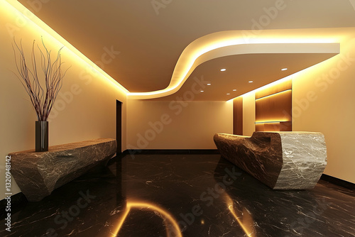 Minimalist office lobby with stepped ceiling, cove lighting, and sleek marble flooring.