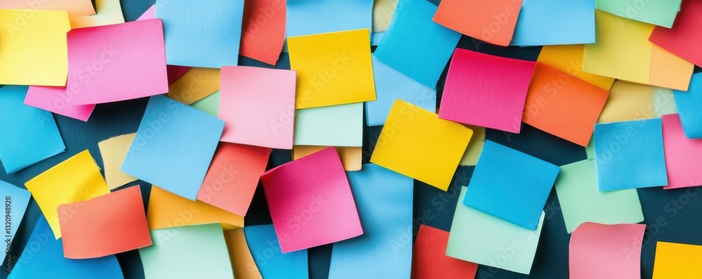 Colorful sticky notes randomly placed on a dark background - office supplies and organizational tools Colorful sticky notes randomly placed on a dark background - office supplies and organizational tools