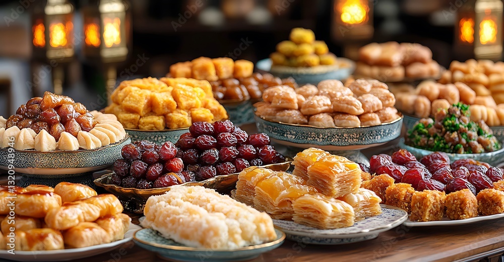 Fototapeta premium Middle Eastern Sweets with Baklava, Dates, and Nuts on Decorative Plates
