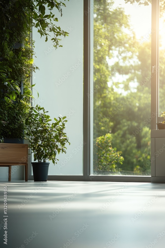 Fototapeta premium Sunlit room features lush greenery and large windows creating se
