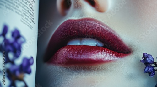 Crimson allure, sensuous lips with deep red lipstick and floral accents