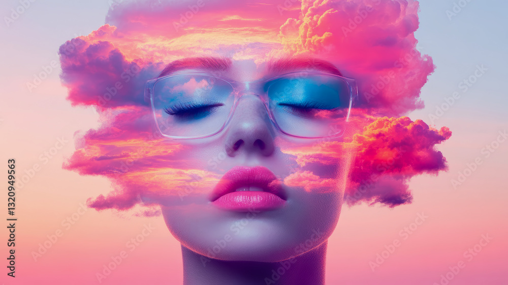 Fototapeta premium Dreamy Visage: Portrait with Sunset Cloud Overlay