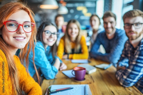A vibrant group of young people gather around a wooden table, smiling and collaborating, creating a dynamic team environment filled with energy and creativity, fostering innovation. photo