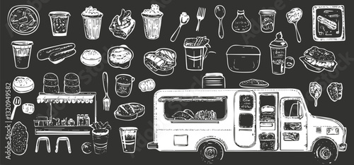 Chalkboard illustration of a food truck surrounded by various snacks and drinks.
