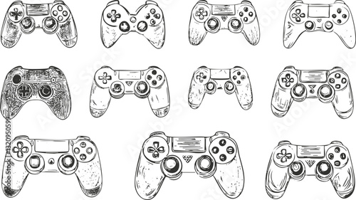 Hand-drawn illustration of various video game controllers in black and white.