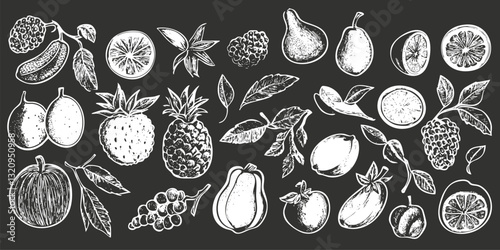 Chalk fruit illustrations on blackboard background featuring various fruits and leaves.