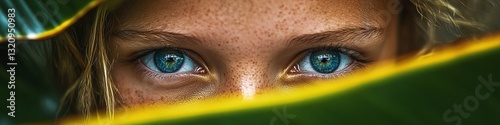 Enchanting Gaze Close Up Of Woman s Vivid Blue Eyes And Freckles, Framed By A Tropical Leaf