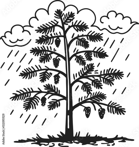 Pine tree in rain stylized illustration with clouds, raindrops, and detailed pine cones in black and white