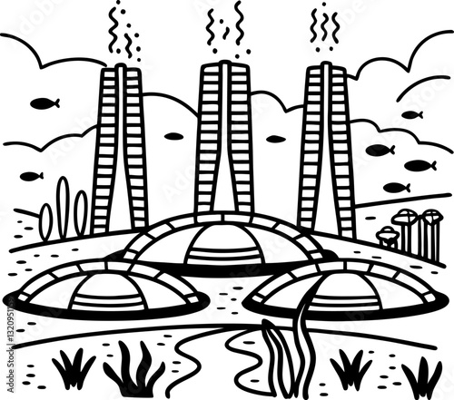 futuristic fish farm with domes and chimneys concept illustration with aquatic environment and sustainable architecture