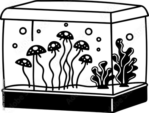 Aquarium illustration with jellyfish and seaweed, underwater marine life outline drawing