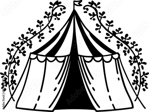 Vintage circus tent illustration black and white festival artwork, whimsical design