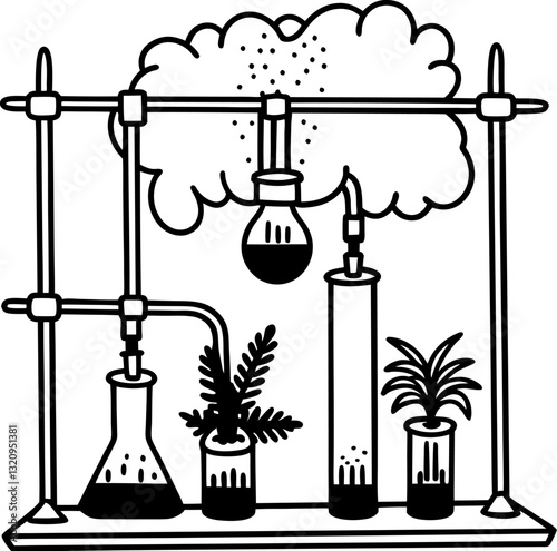 Chemical apparatus with plants and beakers in scientific illustration chemistry and nature integration