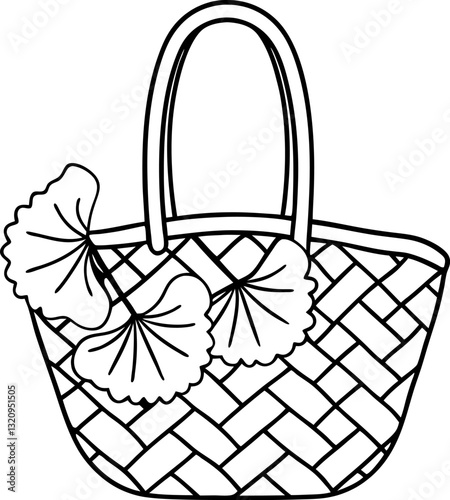 Handwoven basket with leaf detail eco friendly reusable bag illustration outline