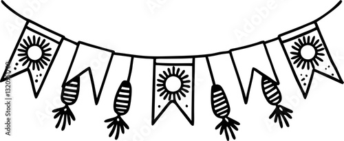decorative festive bunting with sun and tassel designs hand drawn celebration ornaments, string decoration