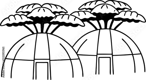 Stylized baobab trees illustration with geometric domes and leaves