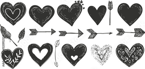 Black and white sketch of hearts and arrows in various designs.