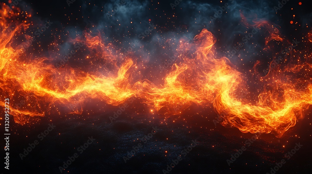 Fototapeta premium Dynamic fire flames curling and flickering with glowing warmth on a black background