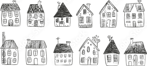 Hand-drawn sketch of whimsical houses in black and white illustration.