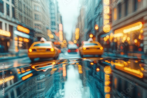 A rainy day in a bustling city, featuring yellow cabs and reflections of city lights, creating an impressionistic, vibrant scene with a sense of movement and energy.