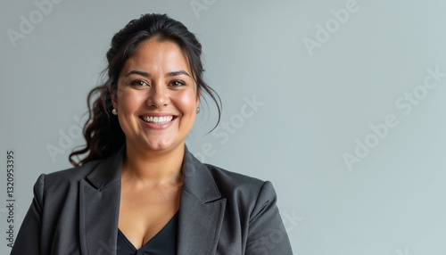 Smiling plus size mexican woman in business suit portrait with copy space