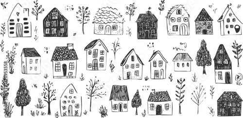Black and white doodle illustration of houses and trees.
