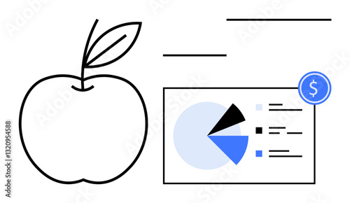 Apple outline paired with a financial pie chart and monetary icon. Ideal for nutrition, finances, health tracking, education, analytics, market study, and balance concepts. Flat simple metaphor