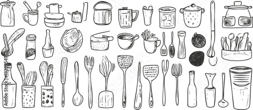 Hand-drawn kitchen utensils and cooking tools illustration in black and white.