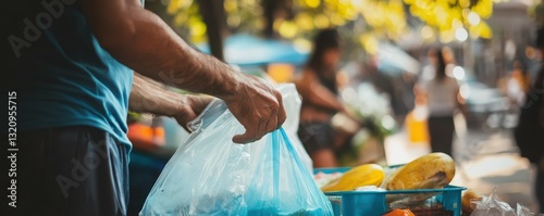 Man selecting fresh produce at outdoor market stall on a sunny day