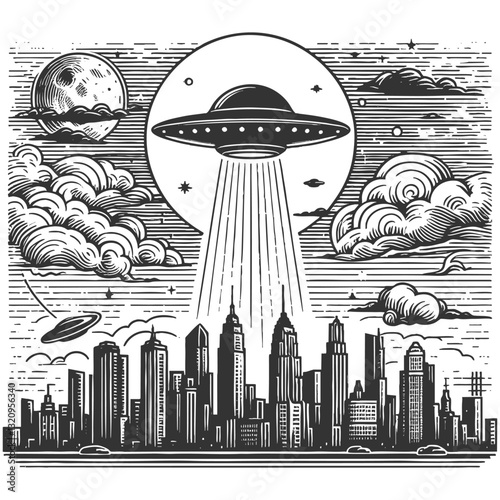 UFO hovering over a city, emitting bright beams of light in a dramatic scene sketch engraving generative ai vector illustration. Scratch board imitation. Black and white image.
