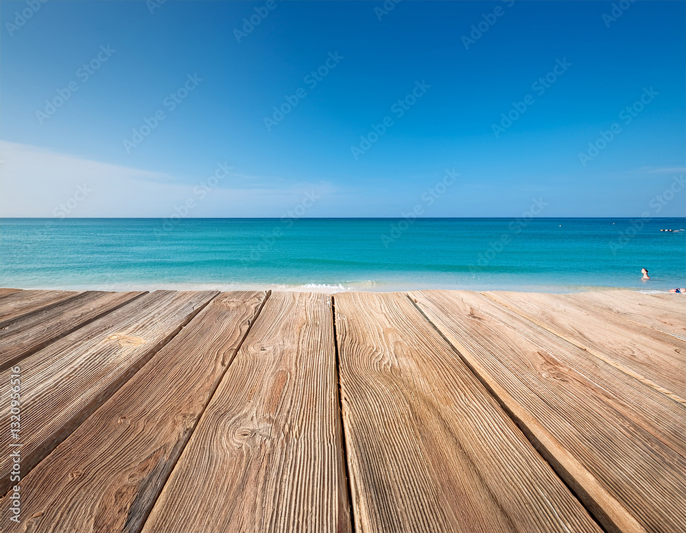 a serene beach scene featuring a wooden board against a tranquil sea and clear blue sky ideal for relaxation and inspiration a serene beach scene featuring a wooden board against a tranquil sea and clear blue sky ideal for relaxation and inspiration