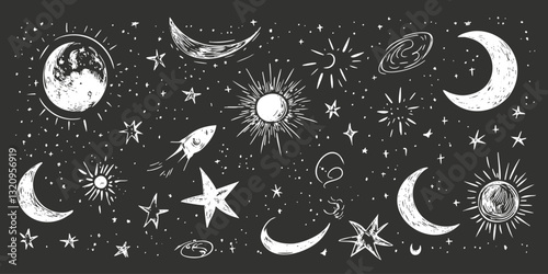 Hand-drawn celestial bodies including moons, stars, and planets on dark background.