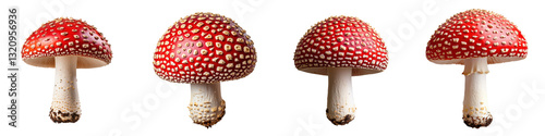 Closeup of vibrant red and white spotted mushroom caps growing in a natural forest environment These poisonous toadstools represent the diversity of fungi found in wilderness ecosystems