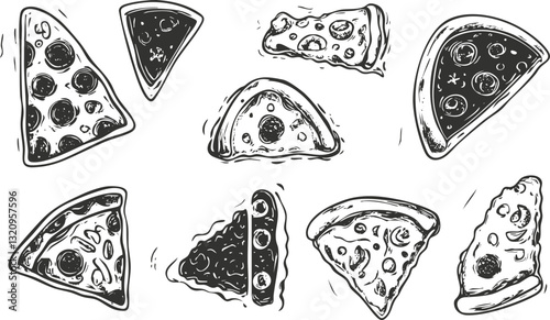 Hand-drawn pizza slices illustration in black and white sketch style.